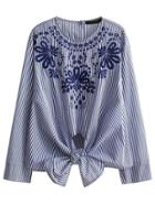 Romwe Blue Embroidery Vertical Striped Knot Detail Blouse