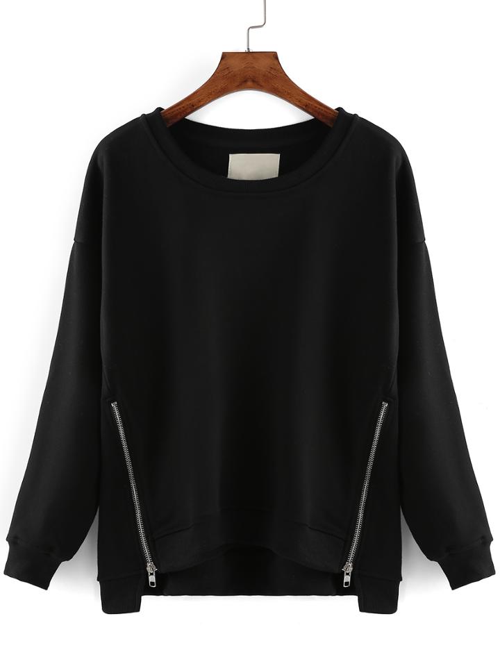 Romwe High Low Zippers Loose Black Sweatshirt