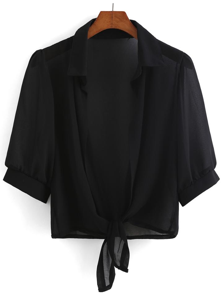 Romwe Lapel Knotted Chiffon Blouse