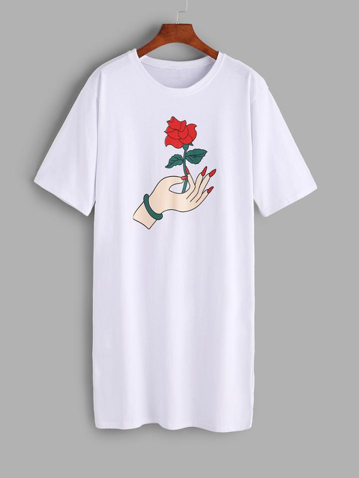 Romwe White Hand And Rose Print T-shirt Dress