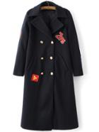 Romwe Black Patch Embroidery Double Breasted Coat