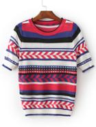 Romwe Multicolor Elastic Cuff Stripe Knitwear