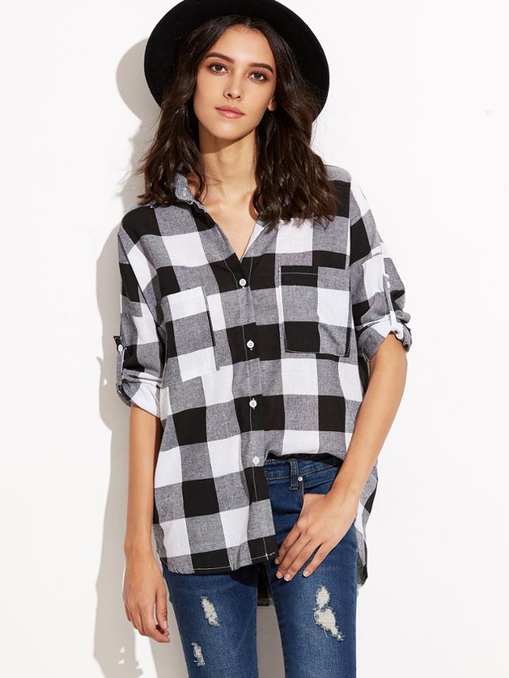Romwe Black White Plaid Dip Hem Shirt