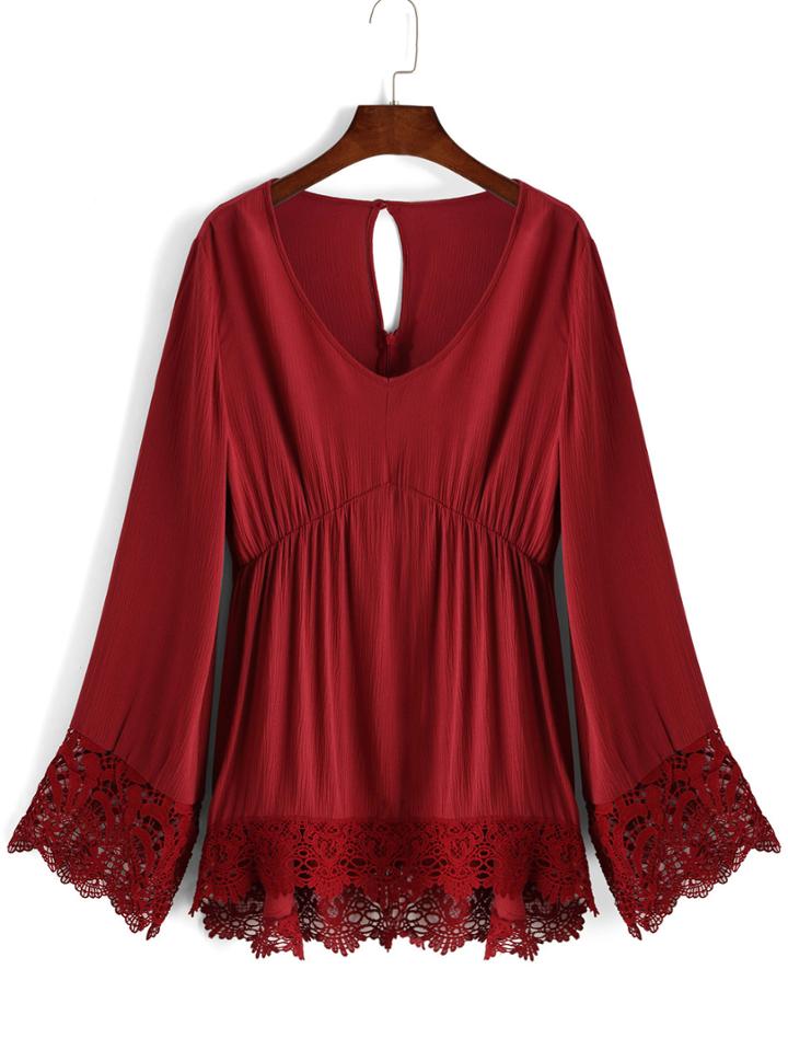Romwe V Neck Lace High Low Red Dress
