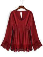 Romwe V Neck Lace High Low Red Dress