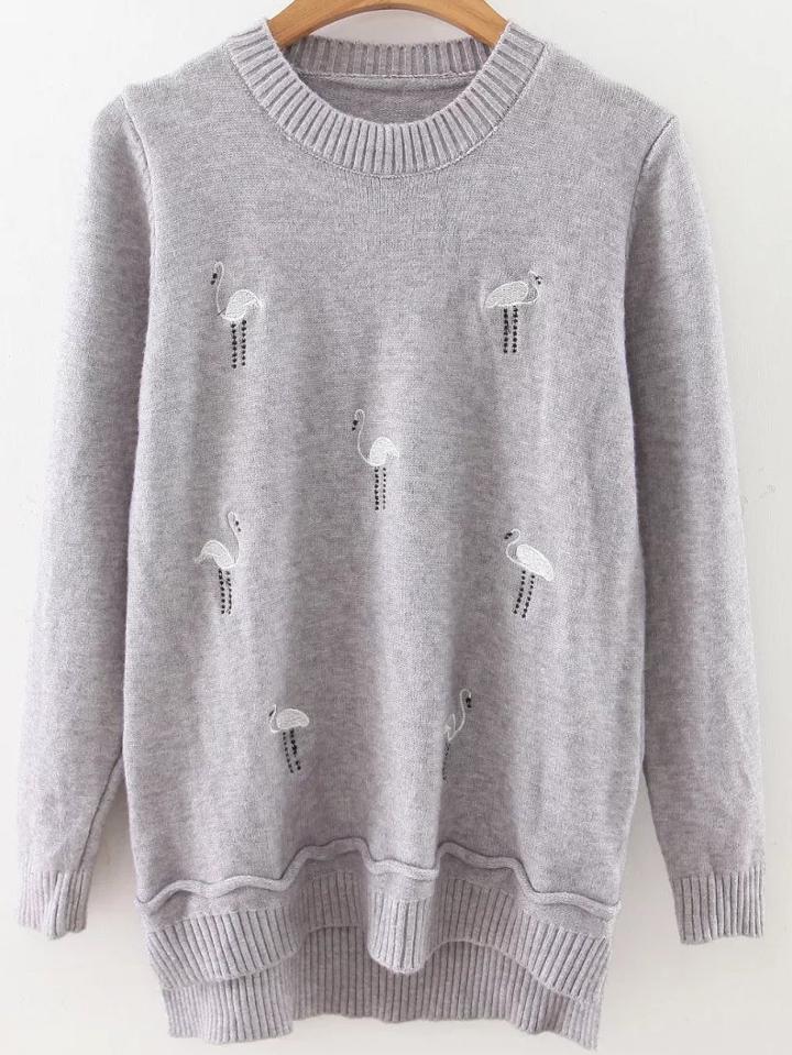 Romwe Grey Swan Embroidery High Low Knitwear