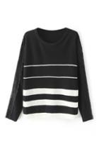 Romwe Lace Panel Striped Black Jumper