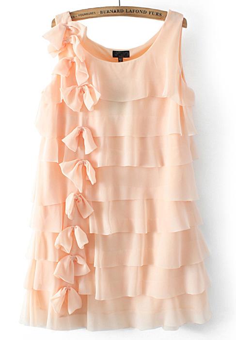 Romwe Sleeveless Cascading Ruffle Bow Pink Dress