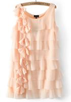 Romwe Sleeveless Cascading Ruffle Bow Pink Dress