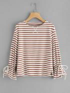 Romwe Drawstring Bell Cuff Striped Sweatshirt