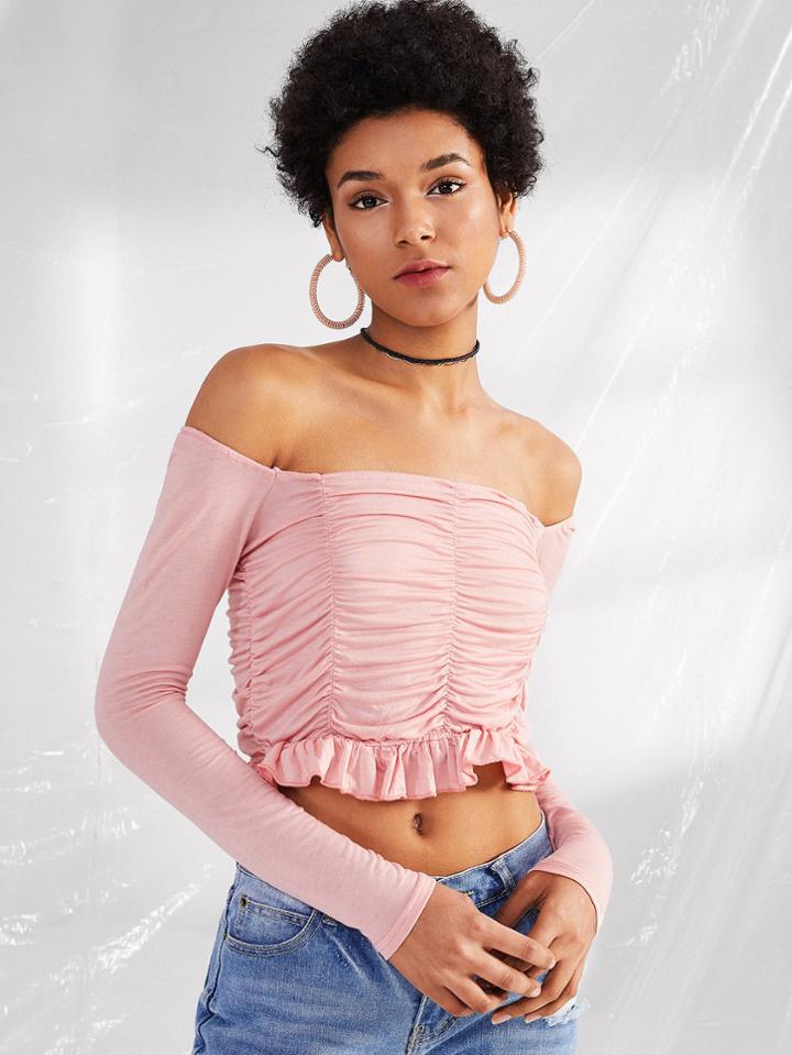 Romwe Off Shoulder Ruffle Hem Pleated Tee