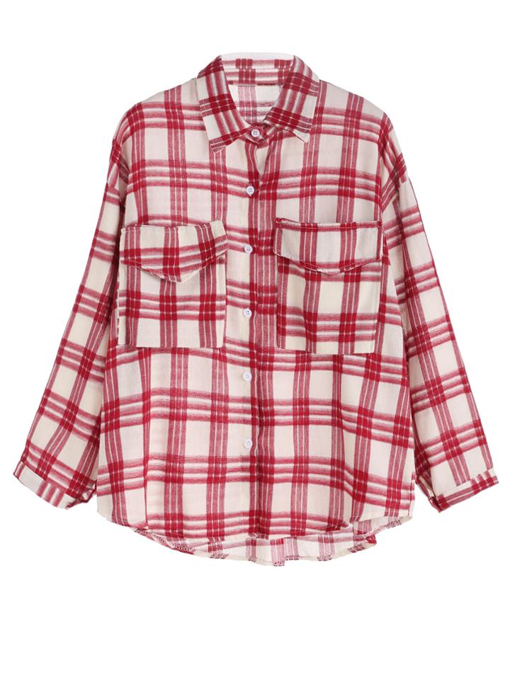 Romwe Red Plaid Dropped Shoulder Seam Pockets Shirt