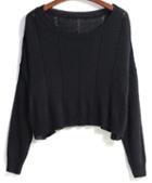 Romwe Round Neck With Hollow Crop Black Sweater