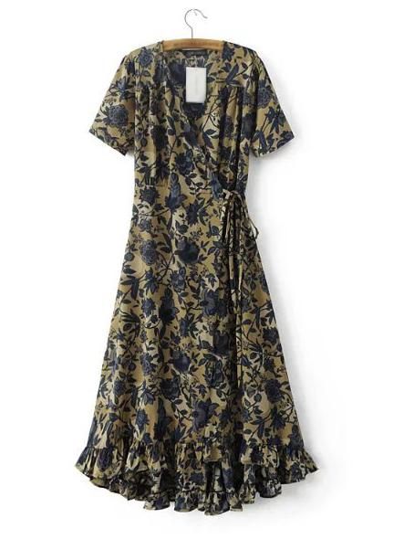 Romwe Multicolor V Neck Floral High Low Wrap Dress