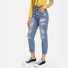 Romwe Ruffle Waist Distressed Jeans