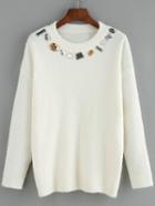 Romwe Long Sleeve Loose Sweater With Beaded