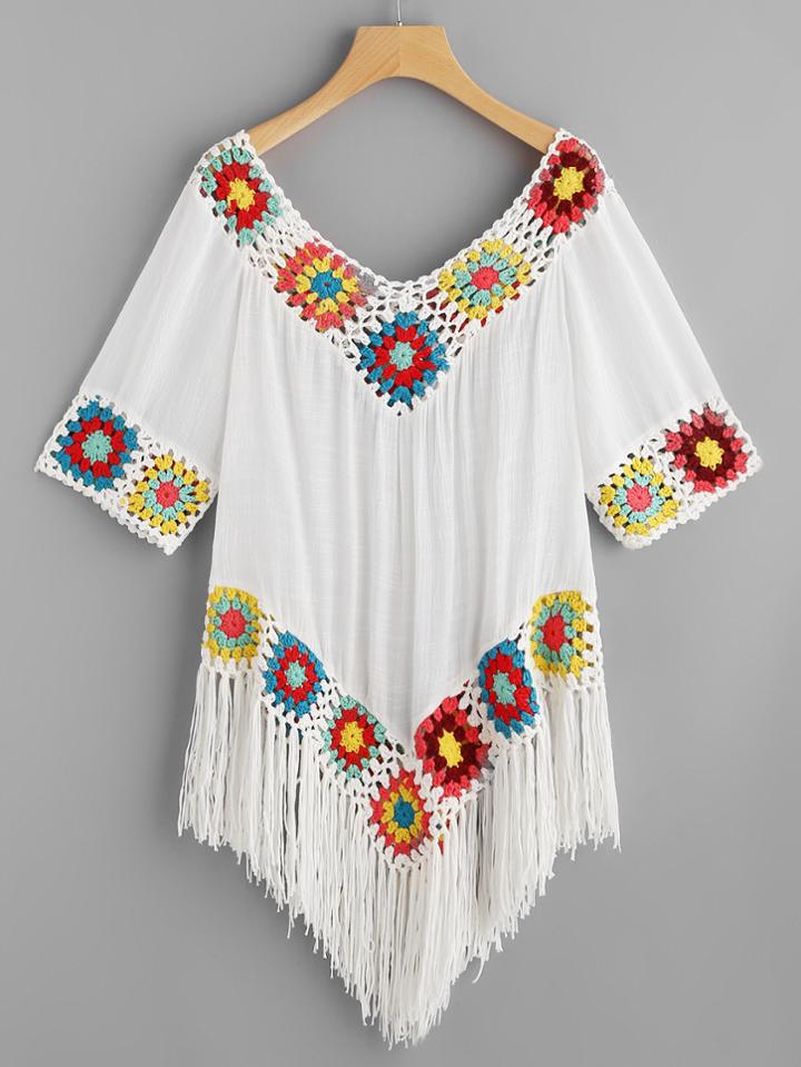 Romwe Crochet Detail Fringe Trim Cover Up