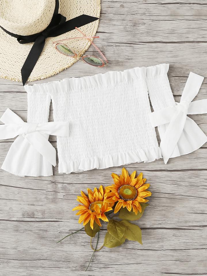 Romwe Off Shoulder Fluted Sleeve Ruffle Trim Top