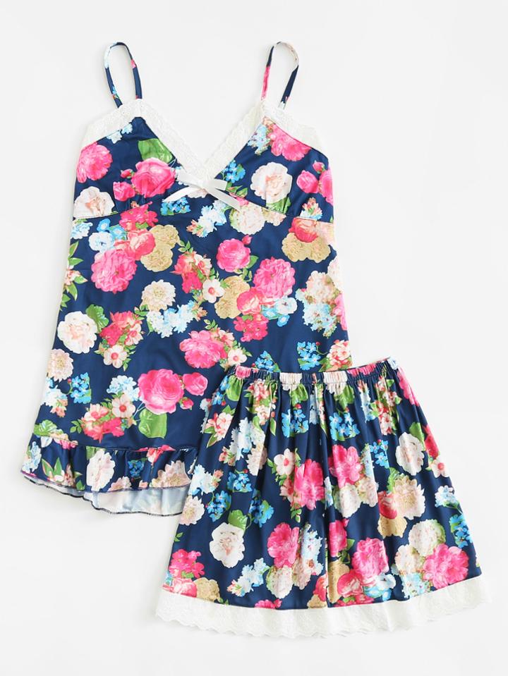 Romwe Flower Print Cami & Shorts Set