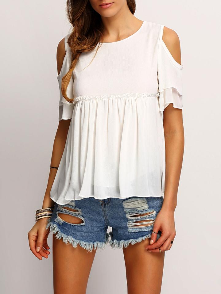 Romwe Open Shoulder Ruffle Chiffon Shirt