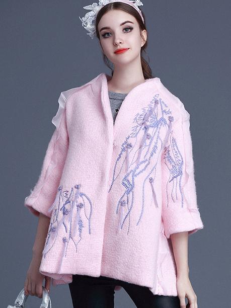 Romwe Pink V Neck Length Sleeve Embroidered Contrast Gauze Coat