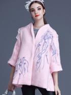 Romwe Pink V Neck Length Sleeve Embroidered Contrast Gauze Coat