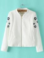 Romwe White Flower Embroidered Zipper Up Coat With Pockets