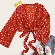 Romwe Ditsy Floral Print Knot Hem Blouse