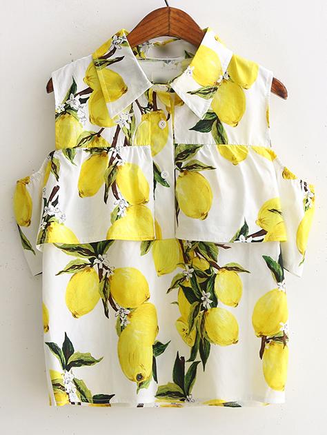 Romwe Yellow Cold Shoulder Lapel Lemon Printed Button Blouse