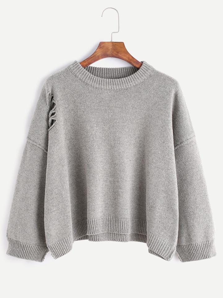 Romwe Light Grey Dropped Shoulder Seam Ripped Sweater