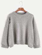 Romwe Light Grey Dropped Shoulder Seam Ripped Sweater