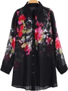 Romwe Plum Blossom Print Black Blouse