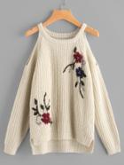 Romwe Beading Detail Flower Embroidered Staggered Jumper