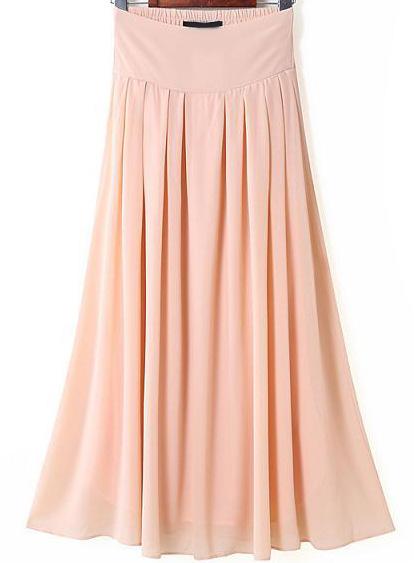 Romwe Pink Elastic Waist Pleated Long Skirt