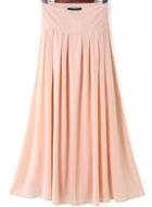 Romwe Pink Elastic Waist Pleated Long Skirt