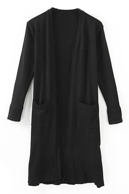 Romwe Pocketed Black Long Cardigan