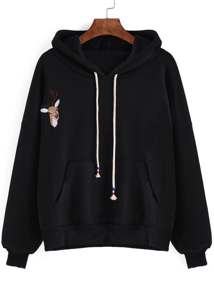 Romwe Hooded Drawstring Deer Embroidered Black Sweatshirt