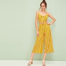 Romwe Striped Shirred Tie Front Cami Top With Wide Leg Pants