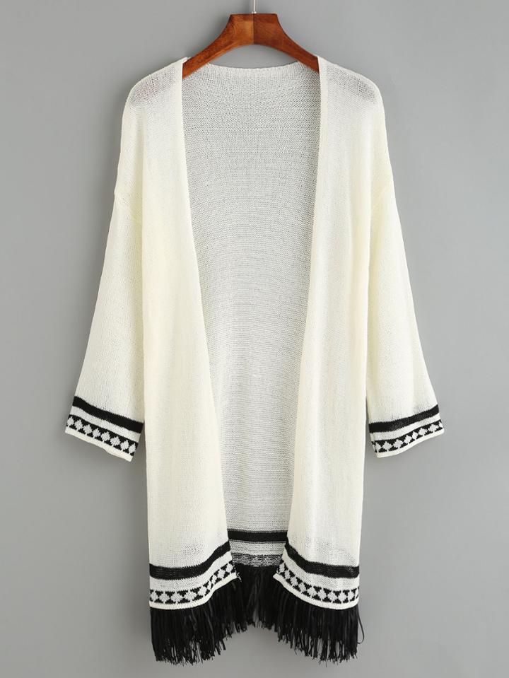 Romwe Beige Stripe Trim Fringe Cardigan
