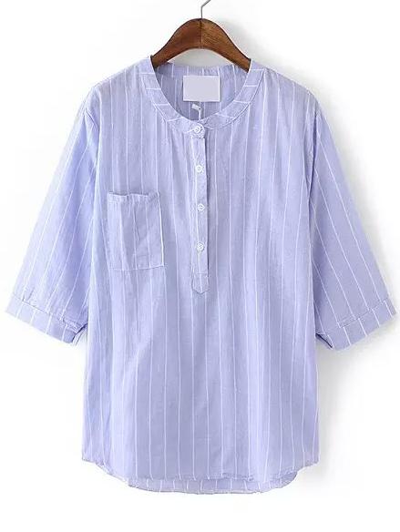 Romwe Half Sleeve Vertical Striped Pocket Blue Blouse