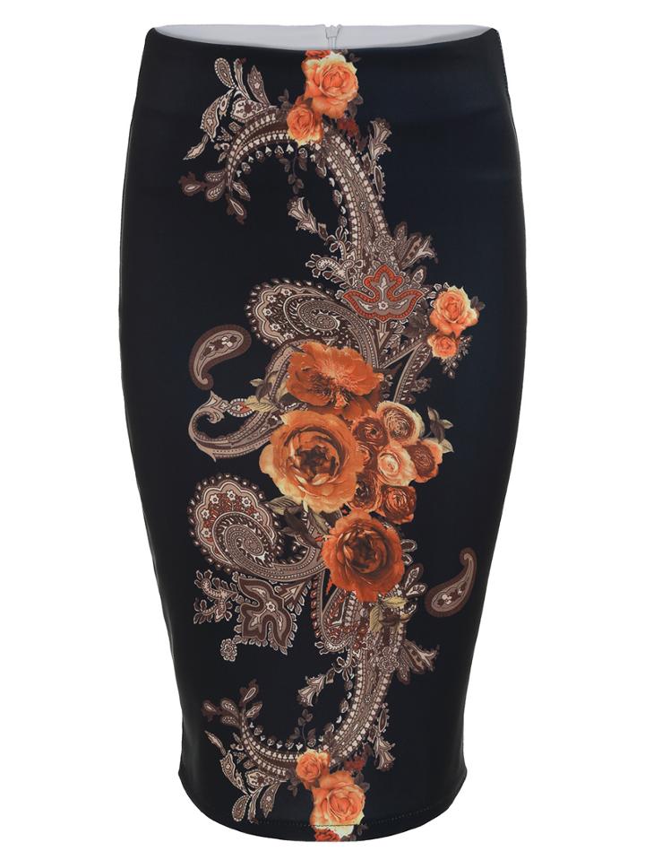 Romwe Flower Print Zipper Bodycon Skirt