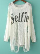 Romwe Letter Print Ripped Loose White Sweater