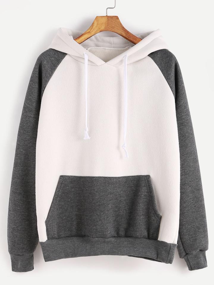 Romwe Contrast Raglan Sleeve Drawstring Hooded Pocket Sweatshirt