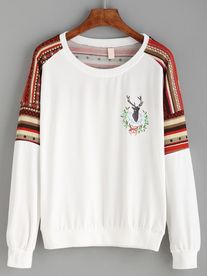 Romwe White Drop Shoulder Tribal Sleeve Pullover Sweatshirt