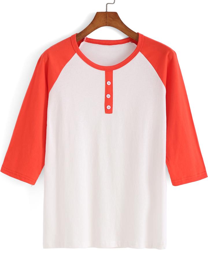 Romwe Orange White Round Neck Buttons T-shirt