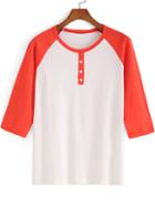 Romwe Orange White Round Neck Buttons T-shirt