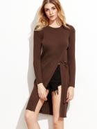Romwe Brown High Slit Front Ribbed Knit Sweater With Buckle