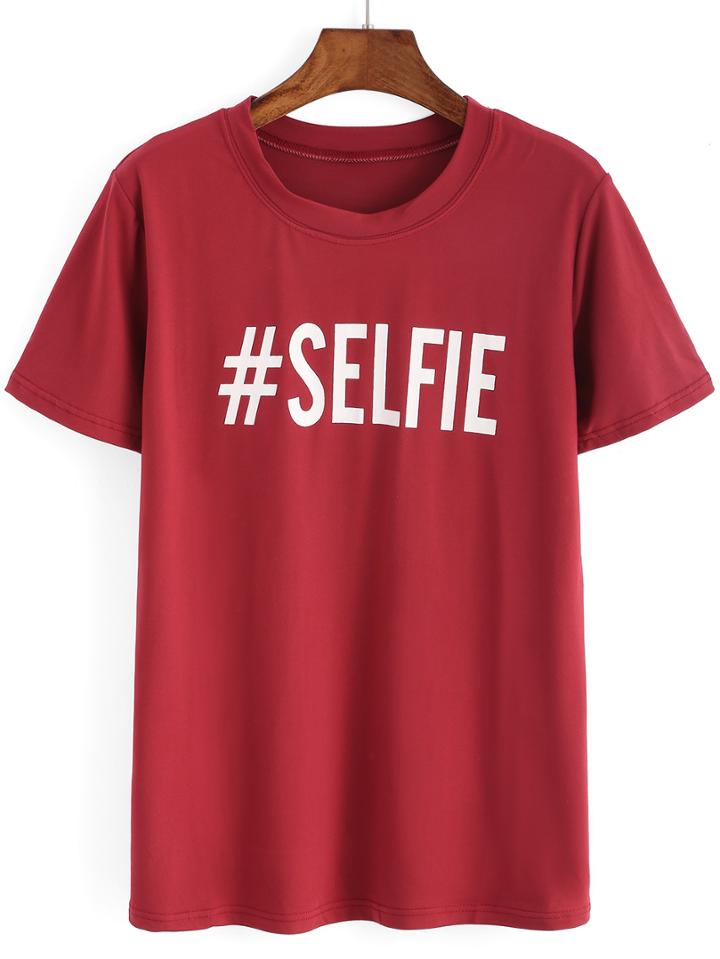 Romwe Letters Print Red T-shirt