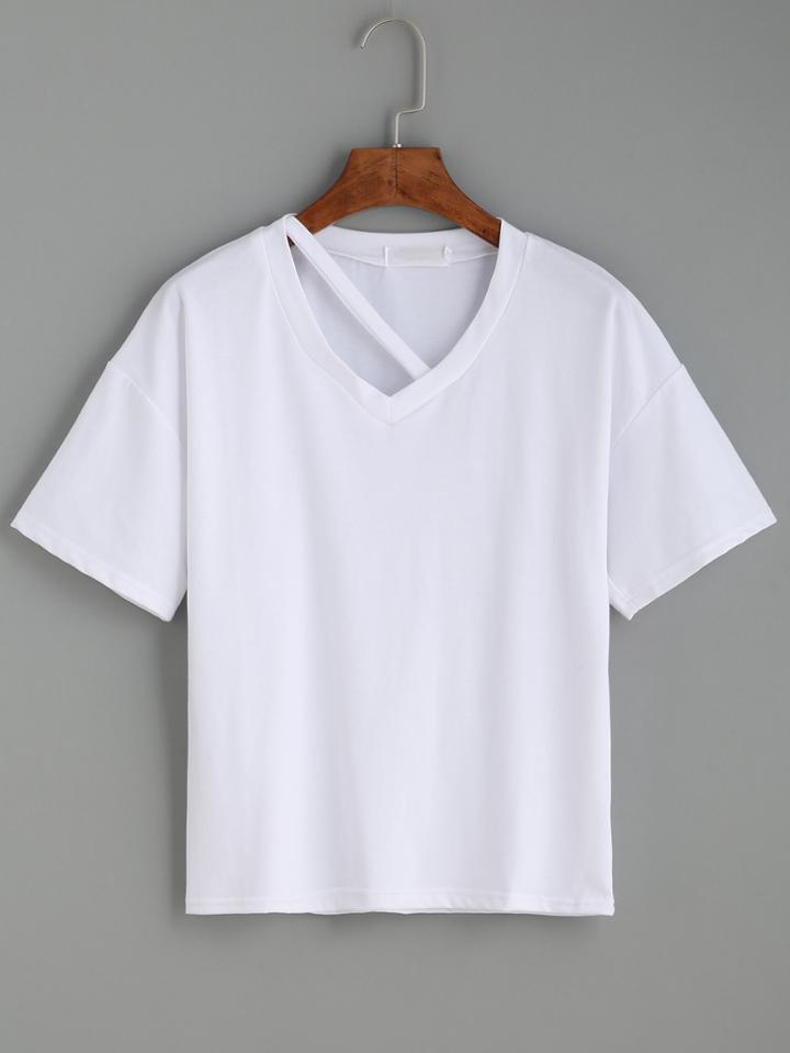Romwe White Drop Shoulder Cut Out T-shirt