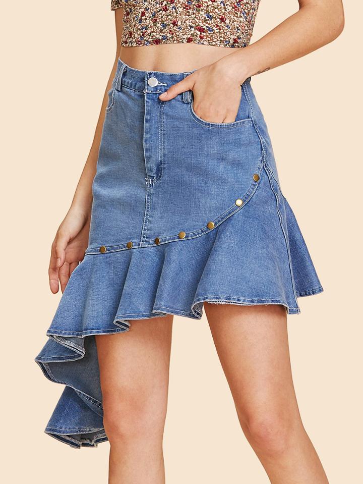 Romwe Asymmetrical Ruffle Hem Denim Skirt